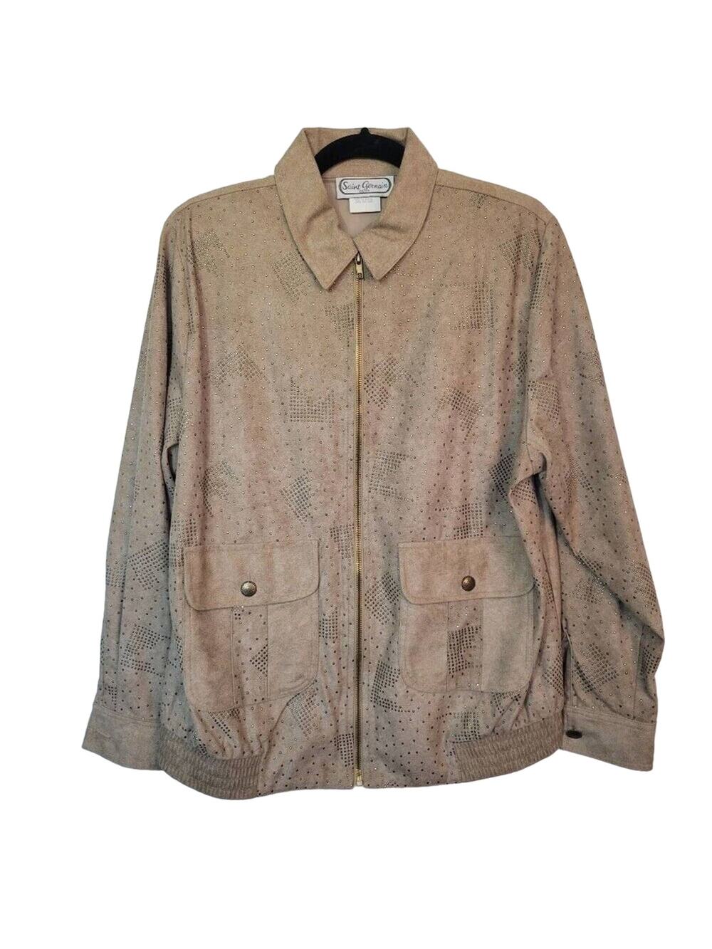 Vintage Saint Germain Paris Womens S Tan Faux Suede Studded Lightweight Jacket